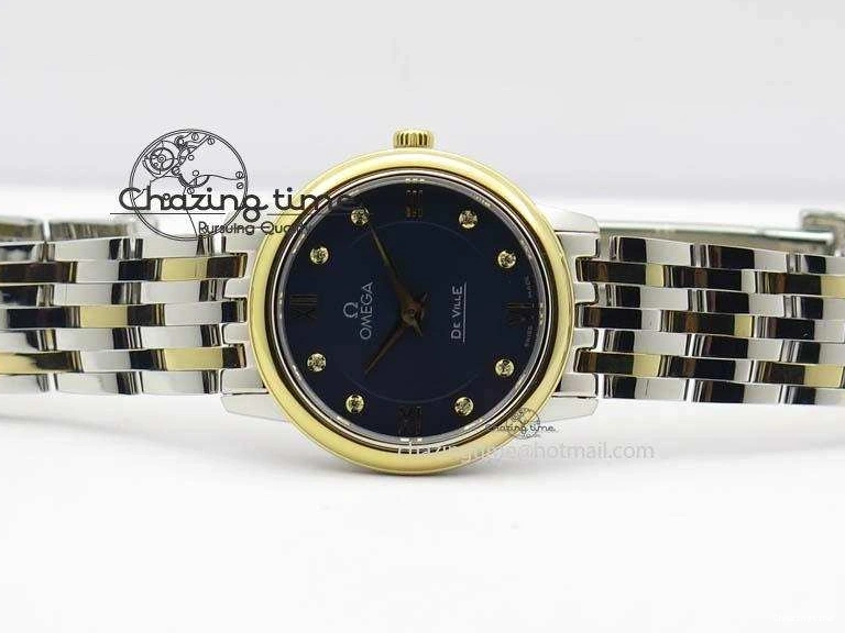 0124 HighQuality De Ville 27mm SS YG Ladies MK 1:1 Best Edition Blue Dial Diamond Markers On SS Bracelet Ronda Quartz 8186
